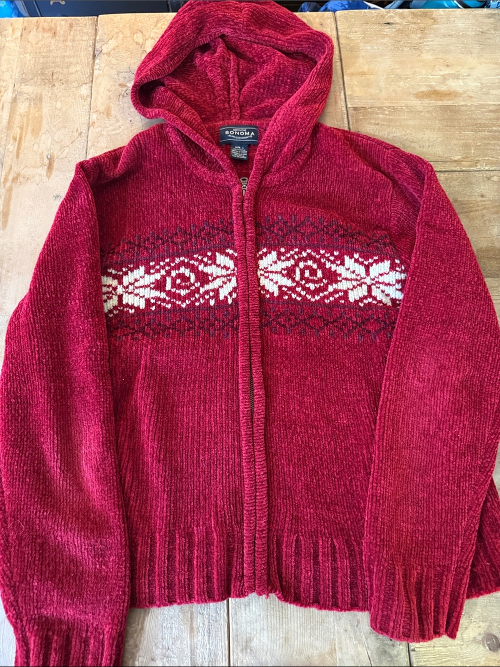 Sonoma Cranberry Hooded Zip Cardigan with White Fair Isle Band